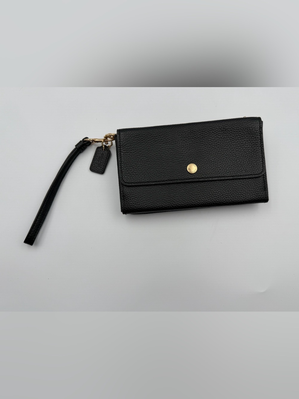 Coach Black Pebble Leather Triple Small Wallet Wristlet 29609